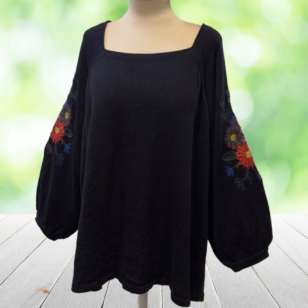 THE PIONEER WOMAN Embroidered Floral Sweater Balloon Sleeve Black Square Neck 2X